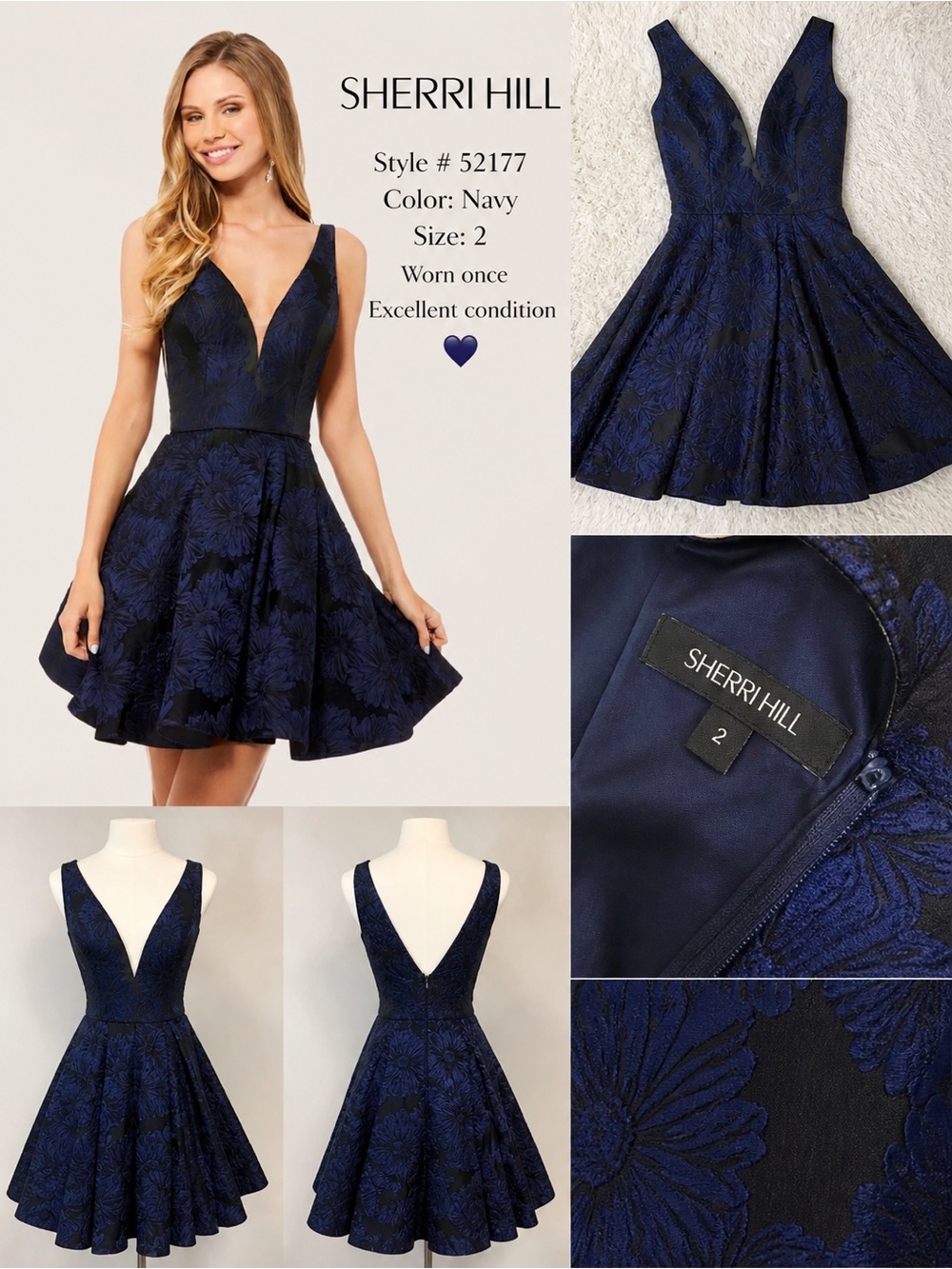 Sherri Hill Navy Floral Jacquard V-Neck Mini Dress
